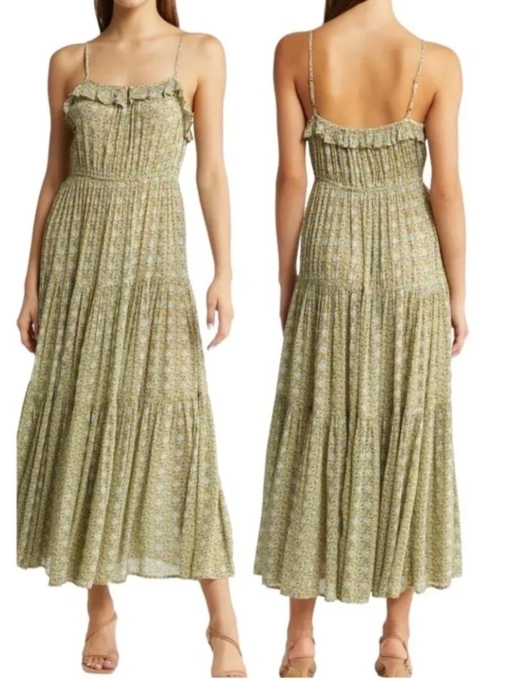 Scotch & Soda Olive Floral Smocked Tiered Maxi Dress